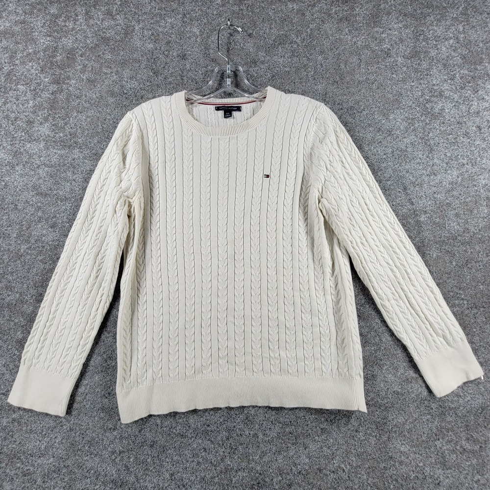 Tommy Hilfiger Crewneck Sweater Mens L Off White Comfort Cable Knit Streetwear